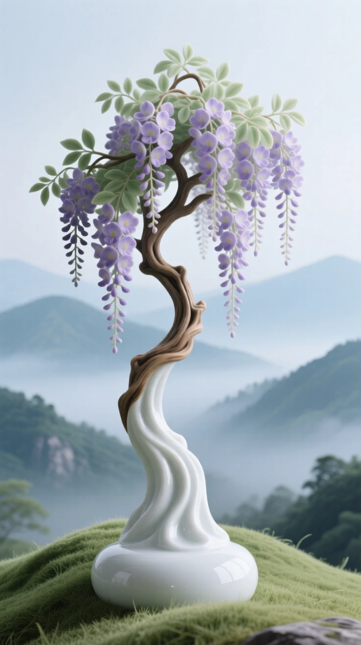 A towering wisteria arbor standing alone on a grassy hill in a misty mountain valley.