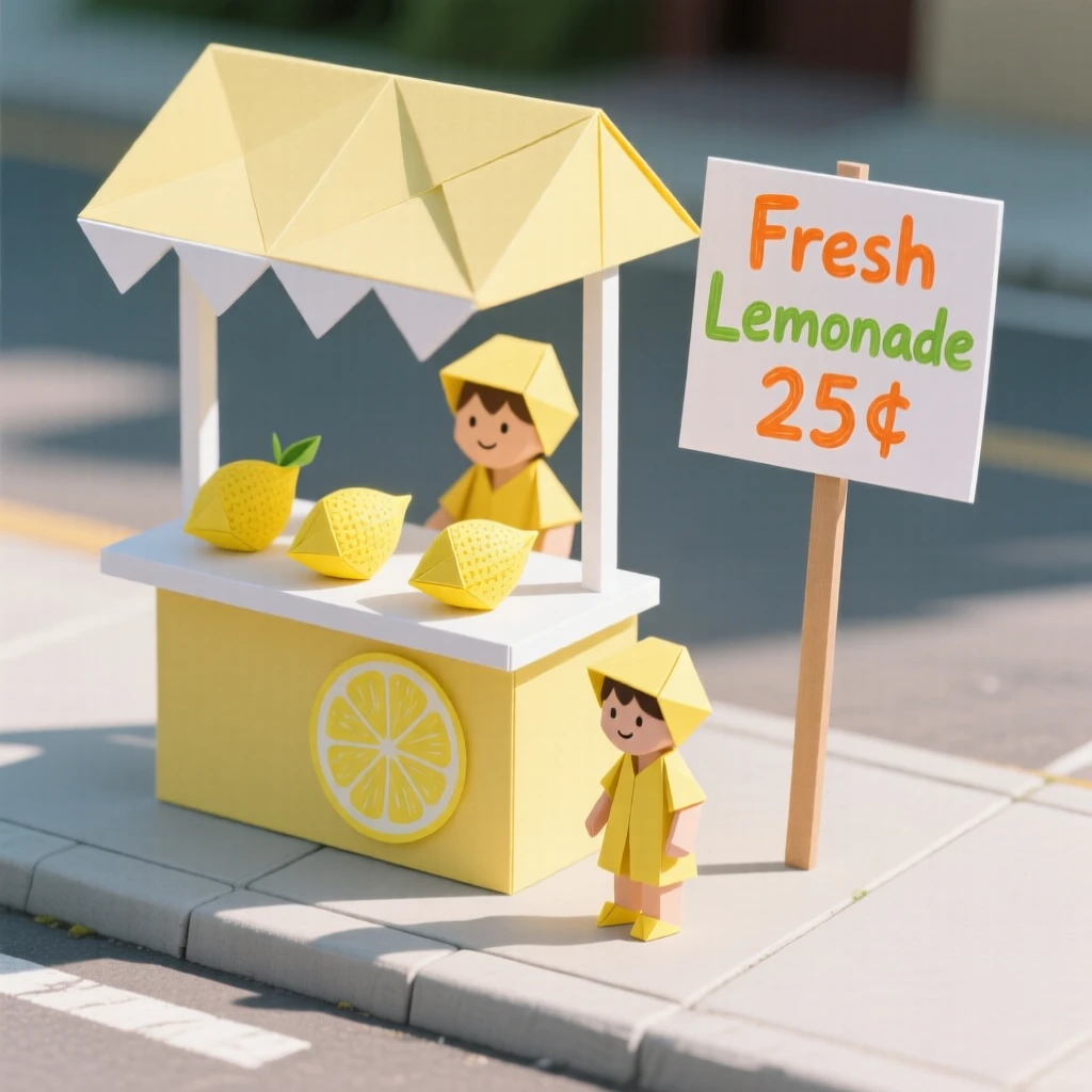 A child's lemonade stand set up on a sunny sidewalk with a hand-painted sign.