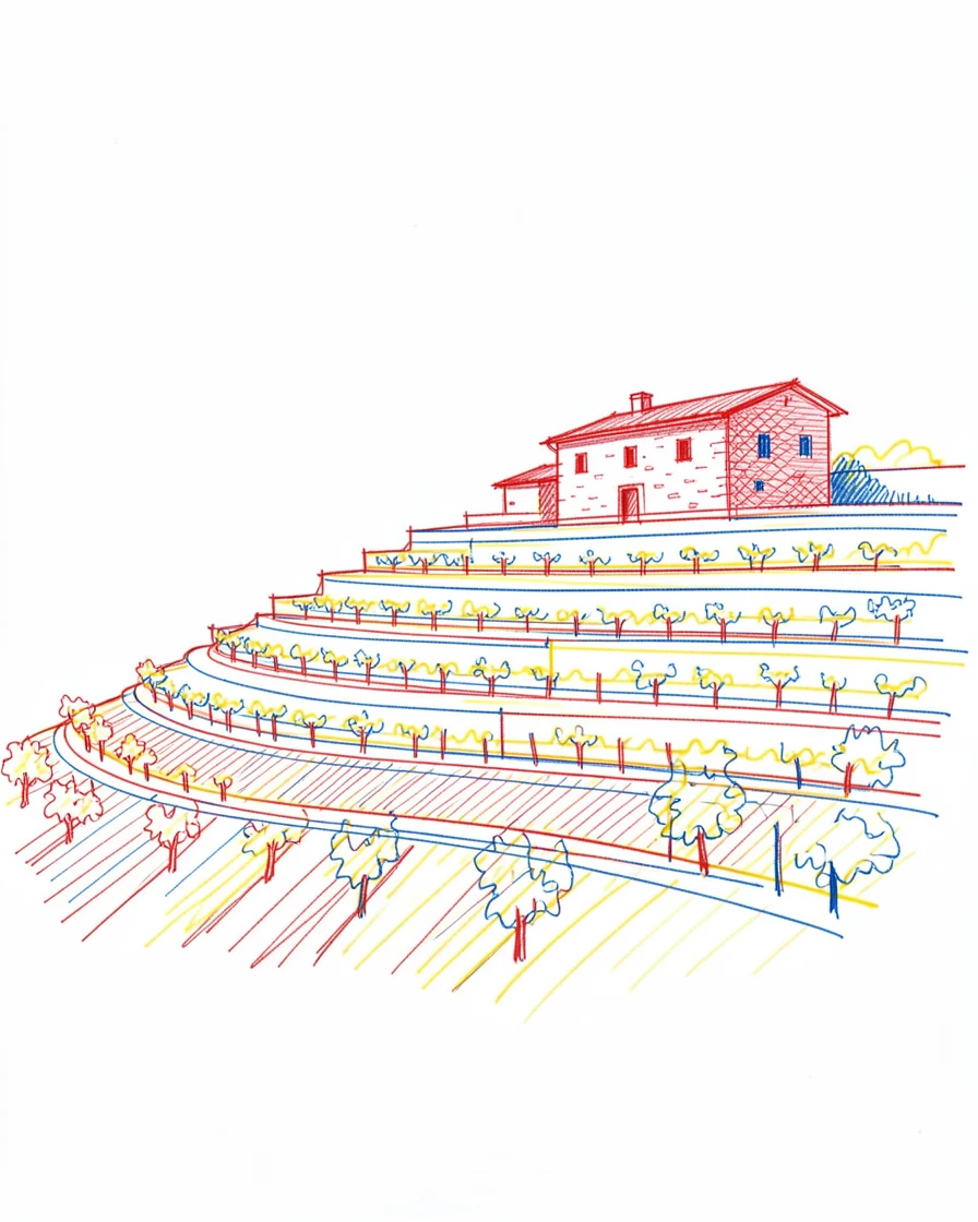 A hillside covered in terraced vineyards leading up to a stone villa