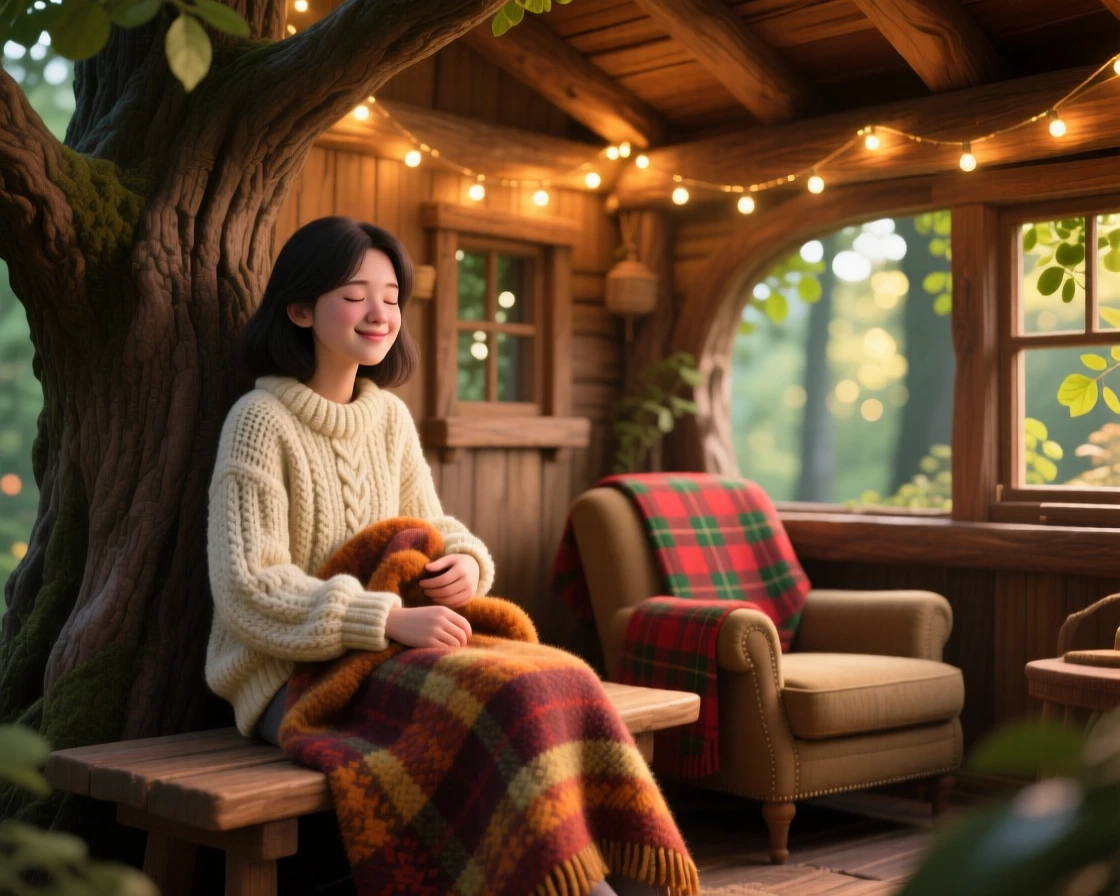 A young woman in a thick knitted sweater sits inside a treehouse strung with twinkling lights, tucking a wool blanket over their knees. The atmosphere is warm, unhurried, and peaceful, with a plaid blanket draped over a chair.