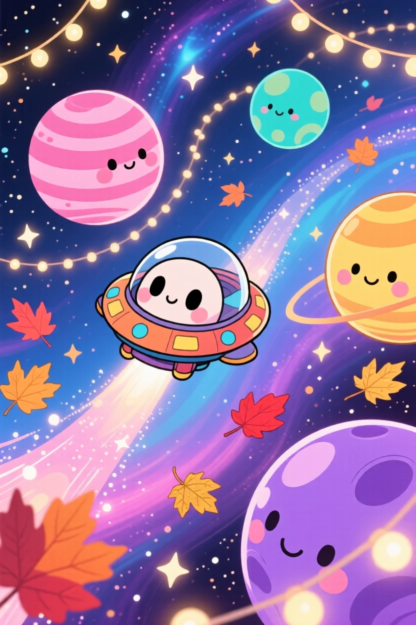 A tiny spaceship zooming playfully between colorful planets, framed as a bird's-eye view within a vibrant galaxy backdrop, with autumn leaves swirling around, glowing under glowing string lights, evoking peaceful calm.