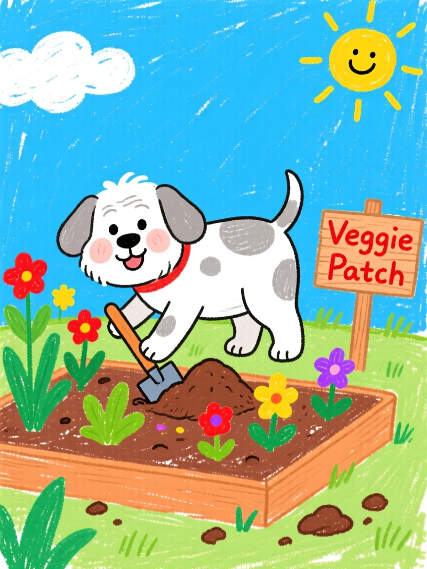 A gentle old dog digging happily in a garden bed.