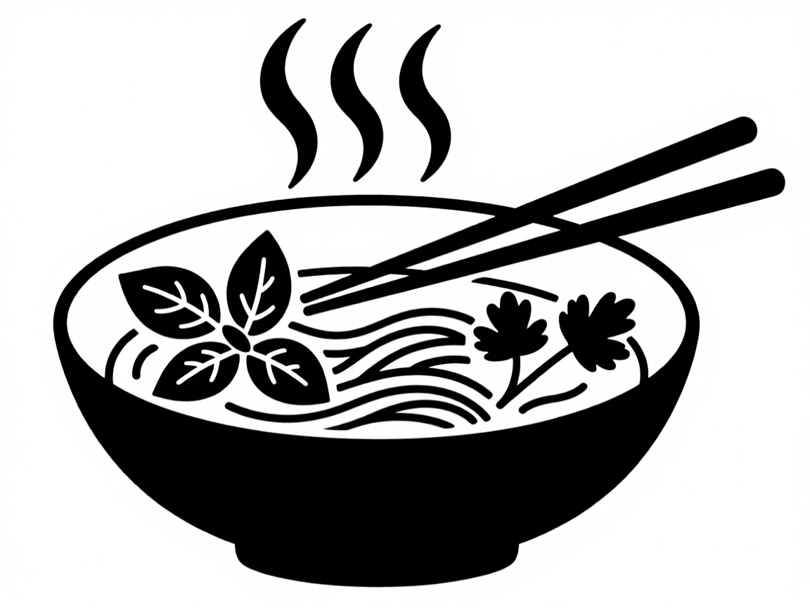 A bowl of steaming pho with fresh herbs.