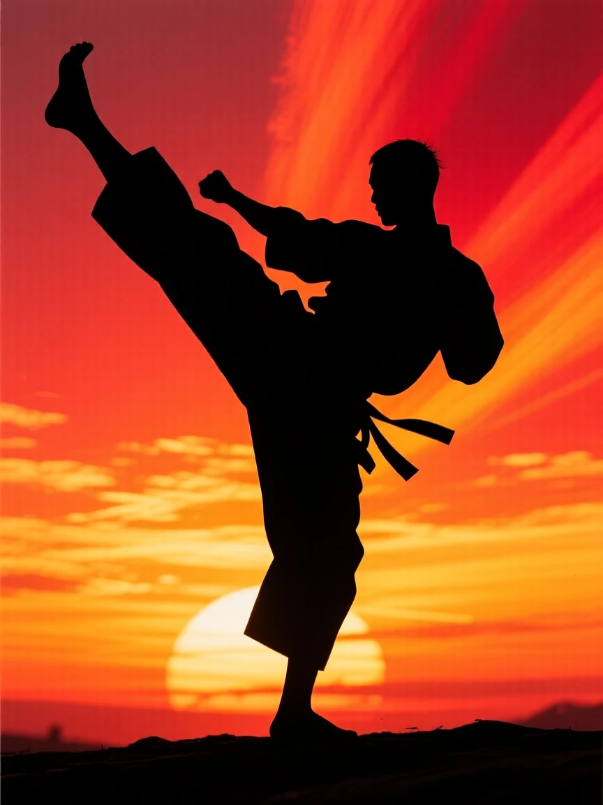 A martial artist mid-kick, frozen at the height of the motion.