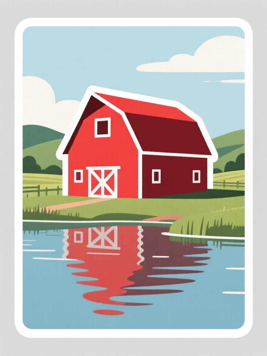 An idyllic quiet countryside with a red barn, with gentle ripples across the water, perfect for a moment of quiet reflection.