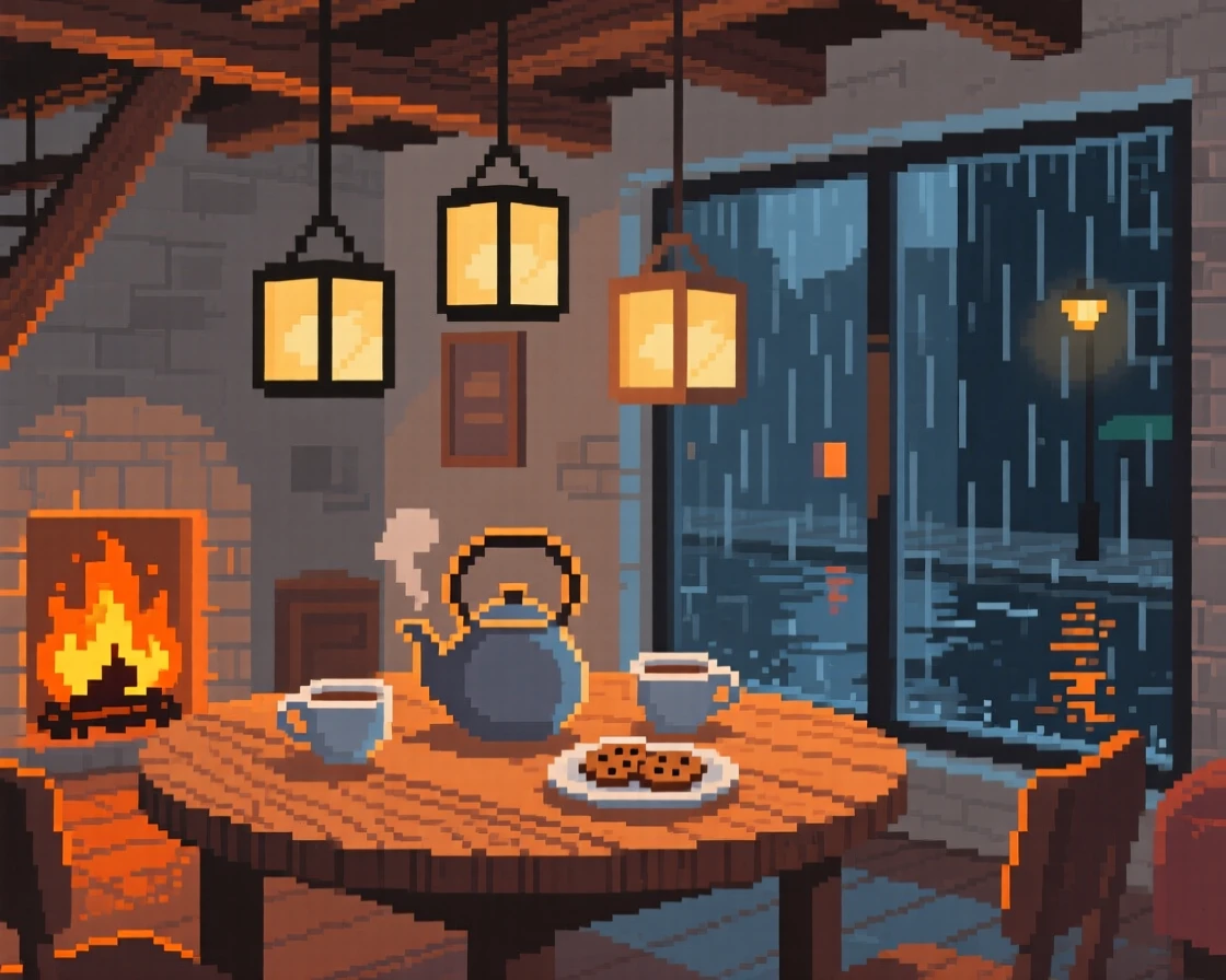 A tea room table lit by a crackling fire and hanging lanterns, in a loft apartment above a rainy street.