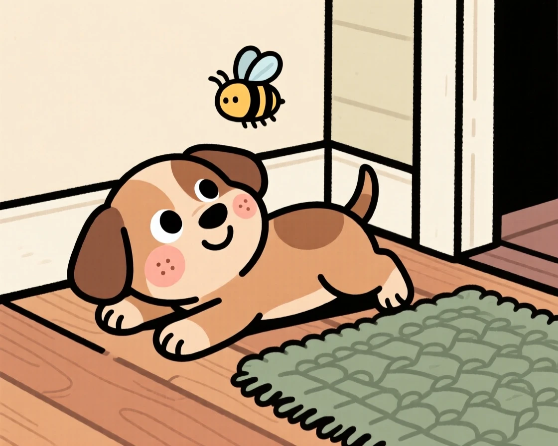 A wide-eyed puppy tumbling over its own paws in a cozy porch corner, pausing to look up with curious, gentle eyes as a bee hums nearby.