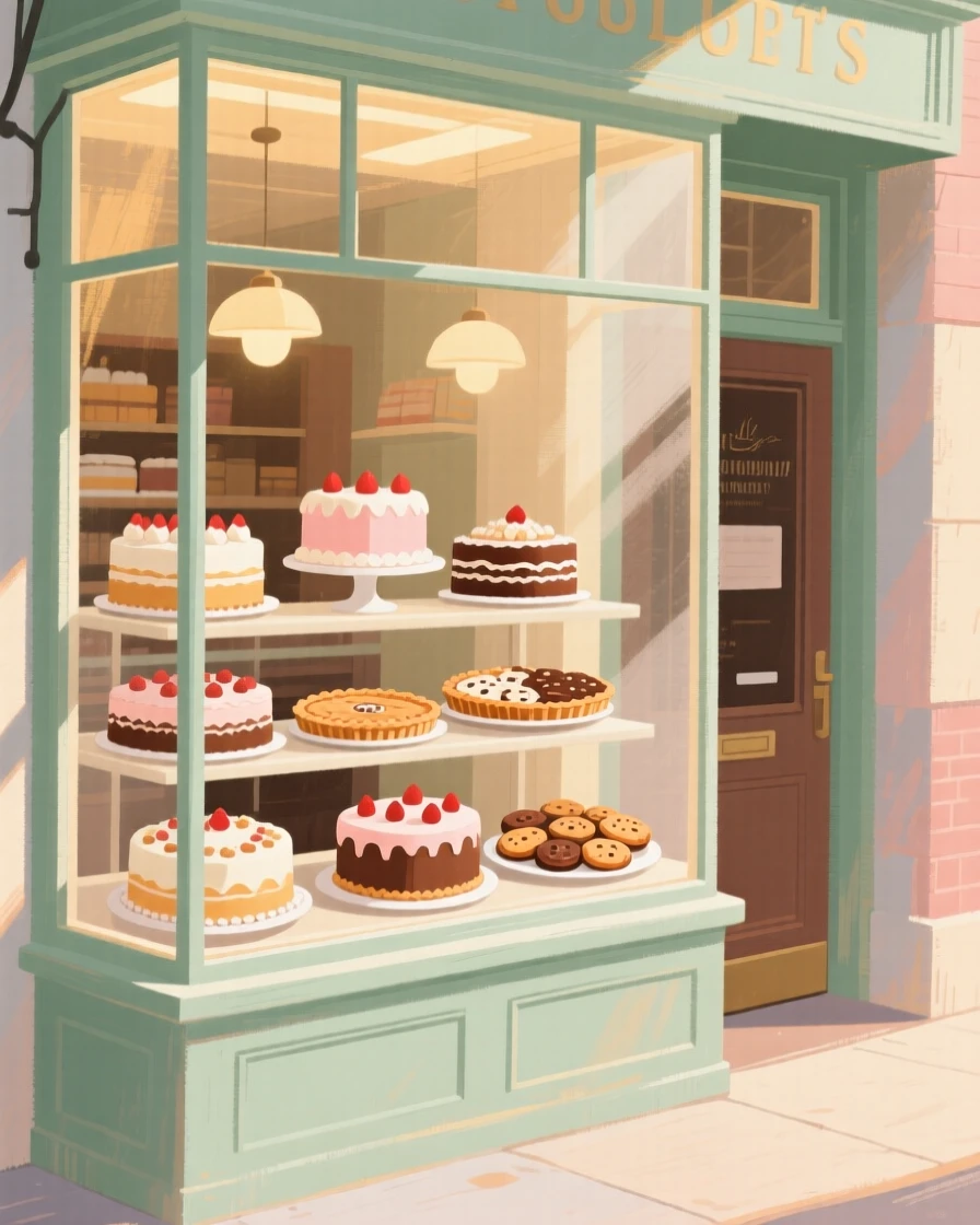 A vintage bakery window display of cakes, tarts, and cookies