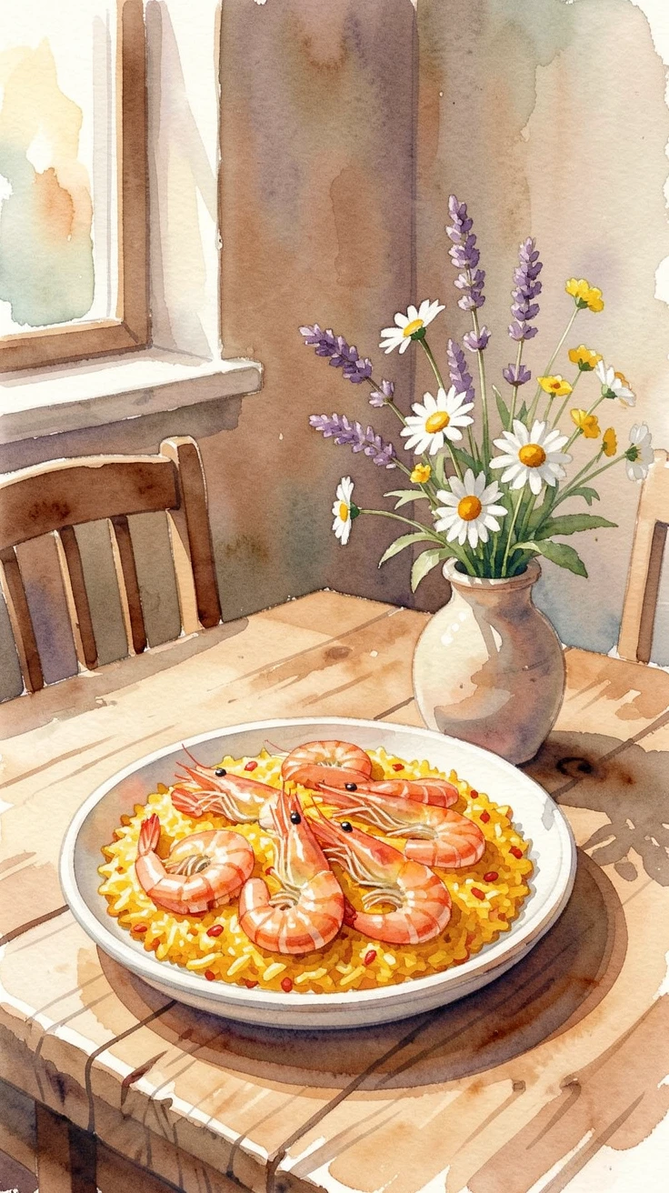 A plate of paella with shrimp and saffron rice in a cozy cafe setting with a small vase of flowers nearby.