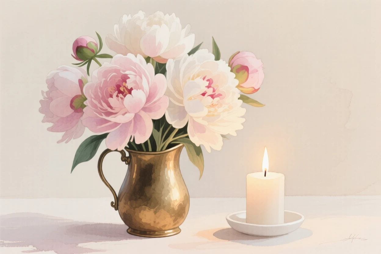 A bouquet of peonies in soft, layered tones fills a small brass jug beside a flickering candle, petals catching the gentle light