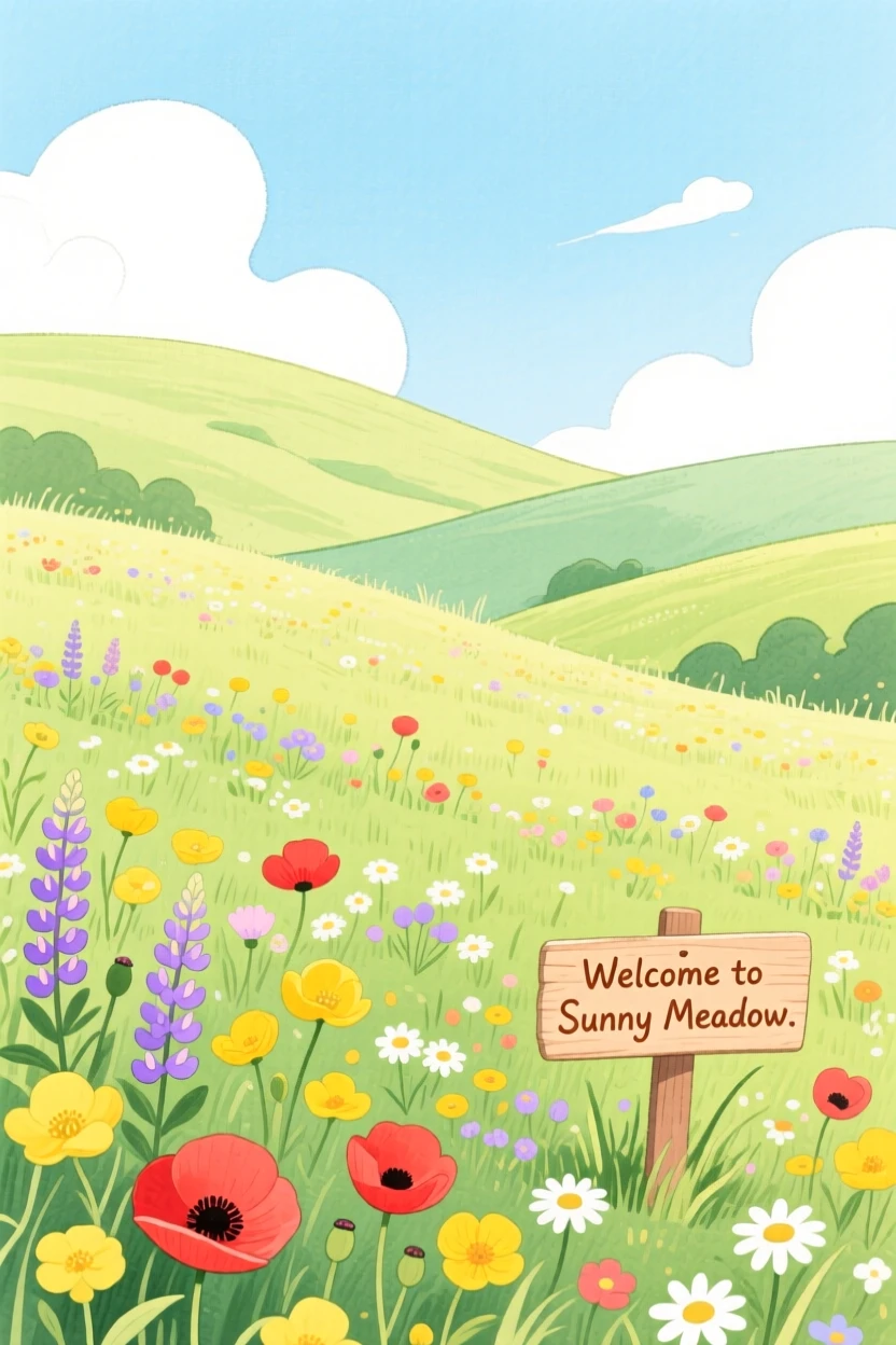 A sweeping view of a meadow bursting with wildflowers in spring in the height of summer.