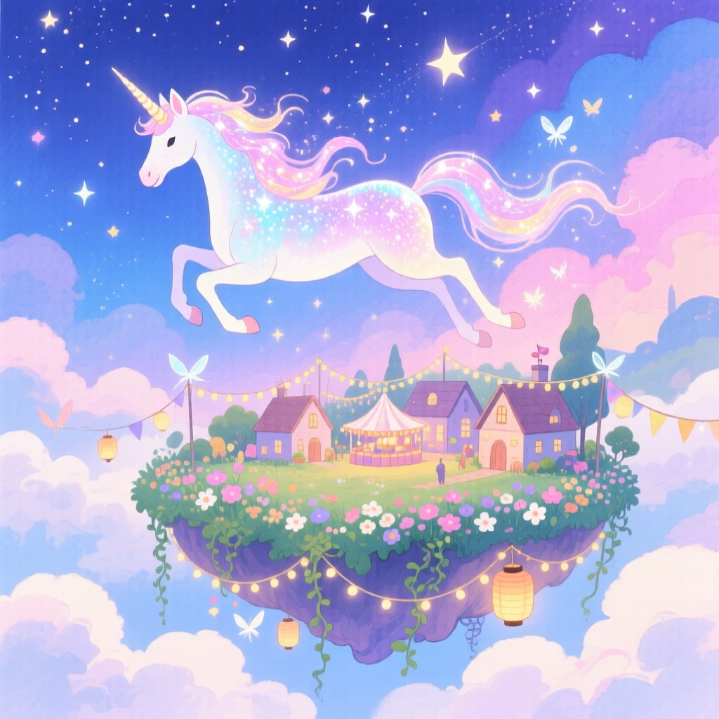 A shimmering unicorn soaring above a village during a starlit festival, in a floating garden above the clouds, filled with a sense of peaceful mysticism.