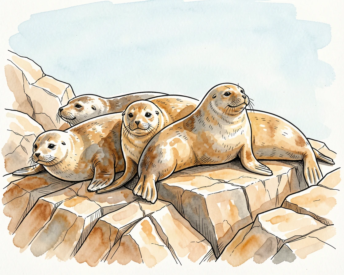 A group of seals basking together on sun-warmed rocks, warm light catching the texture of fur and feather alike.