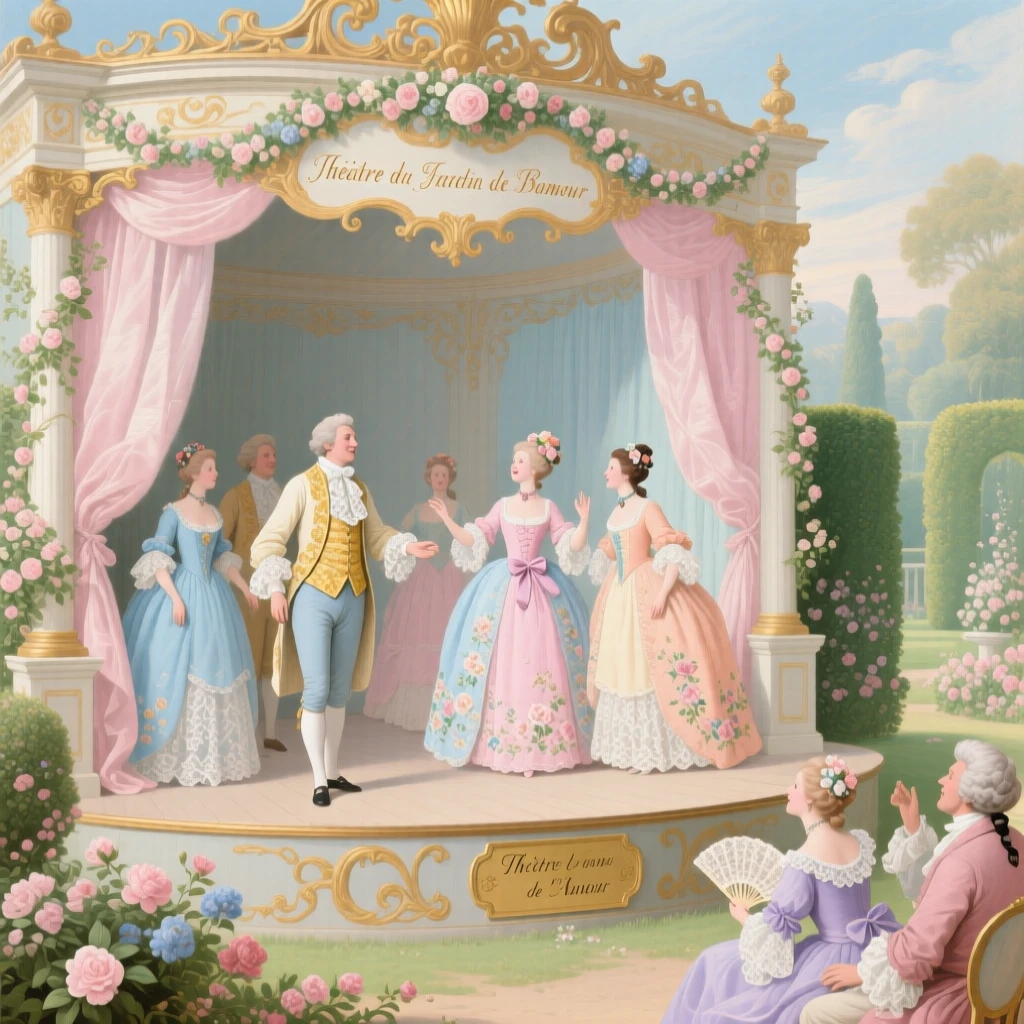 A garden theater stage where actors perform a romantic comedy  