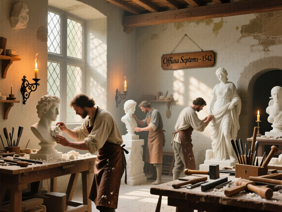 A group of Renaissance sculptors carving marble in a sunlit workshop, as warm candlelight or torchlight fills the surrounding space, offering a vivid window into a fascinating moment of human history