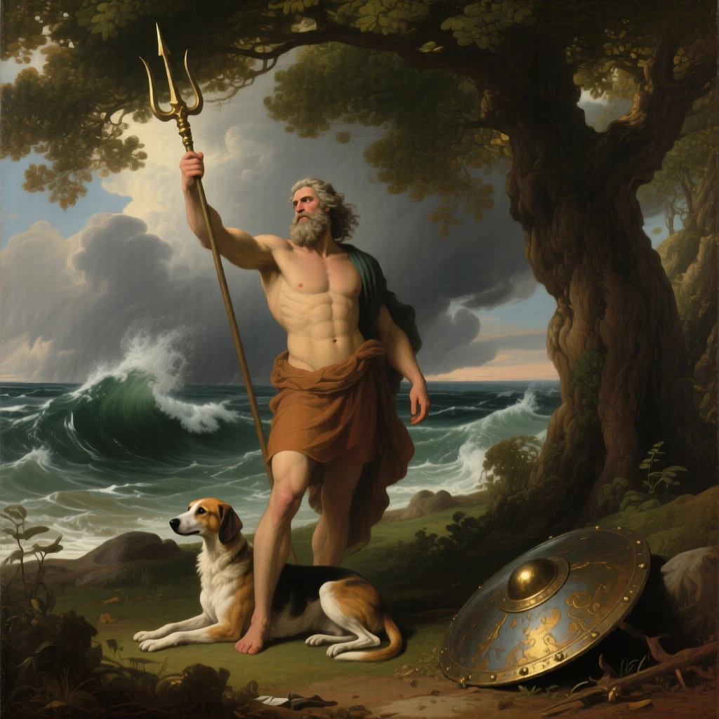 The sea god Poseidon summoning a storm to part the waves just as the crowd falls silent in awe, set beneath a canopy of ancient oaks in a sacred grove, with a faithful hound and a fallen shield resting nearby; a low vantage point emphasizes the towering scale of the moment, capturing the timeless clash of glory and mortality.
