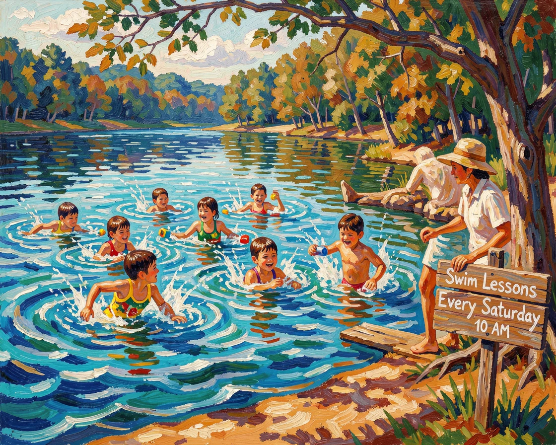 A group of children learning to swim in a lake under a parent's watchful eye.