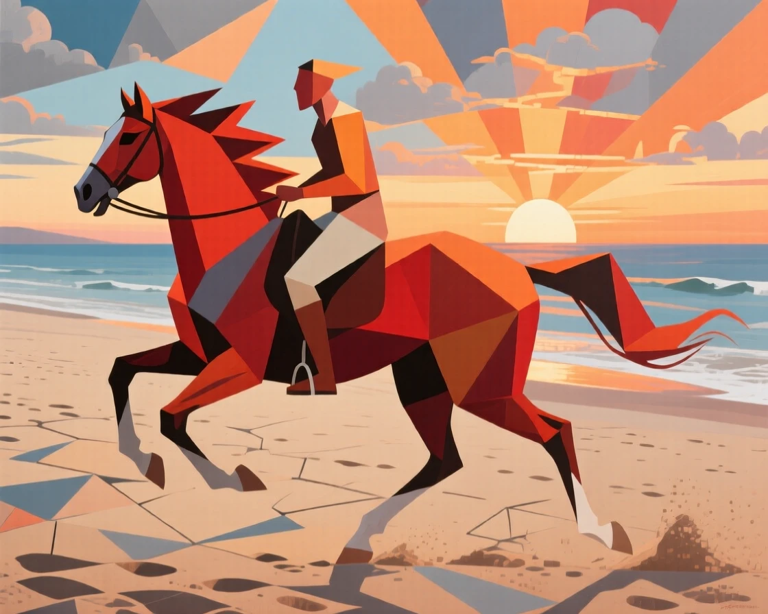 A rider galloping a horse along a wide sandy beach at sunrise.