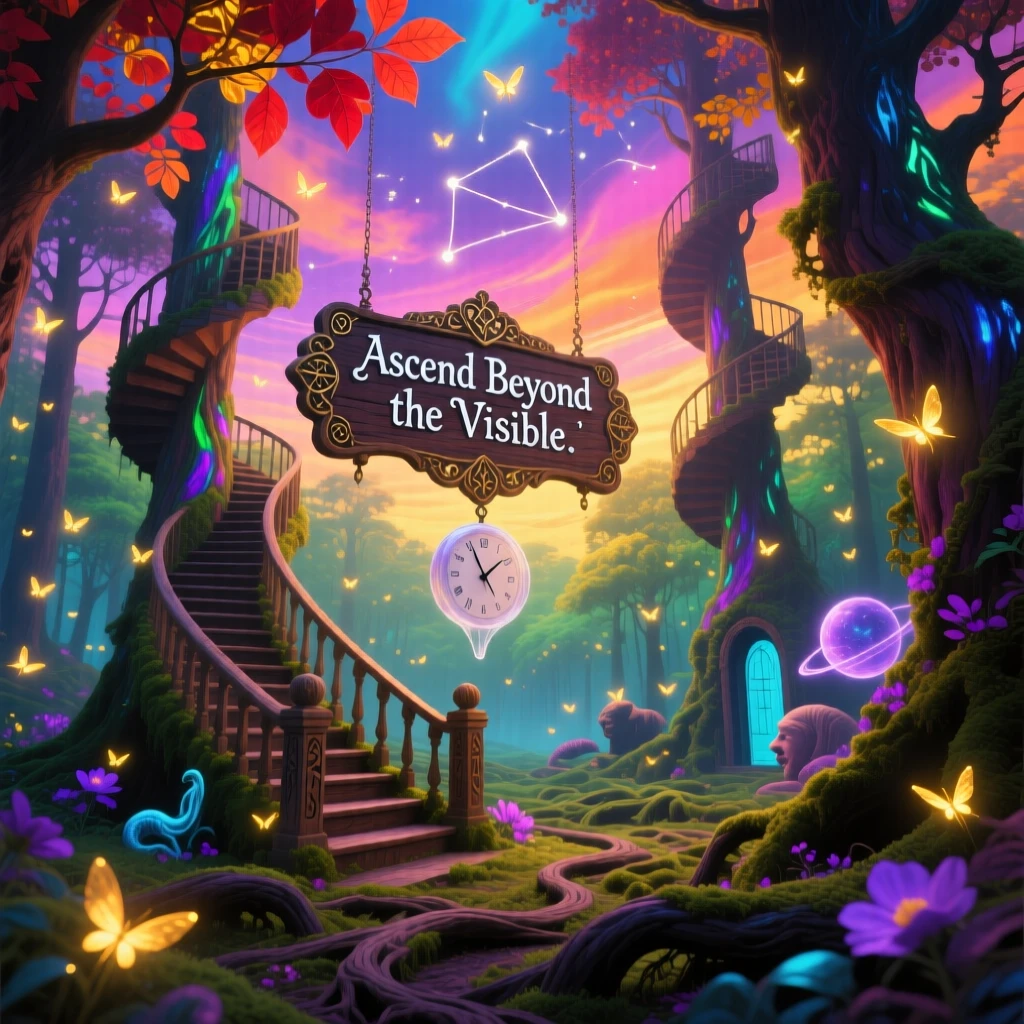 A forest where every tree trunk is a spiral staircase stretches endlessly beneath a sky of shifting colors, as fireflies drift like scattered stars through the air.
