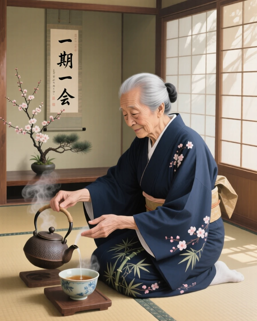 An elderly Japanese tea master pours hot water with precise, graceful movements during a traditional ceremony, steam rising gently in a tatami-floored room, their surroundings offering subtle clues about culture, place, and the moment being lived.