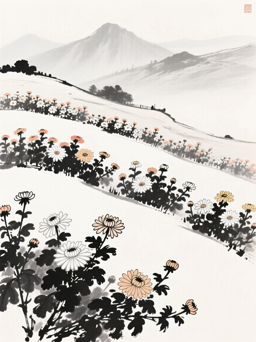 A field of chrysanthemums blooms in shades ranging across a quiet hillside, with distant mountains softened by afternoon haze.