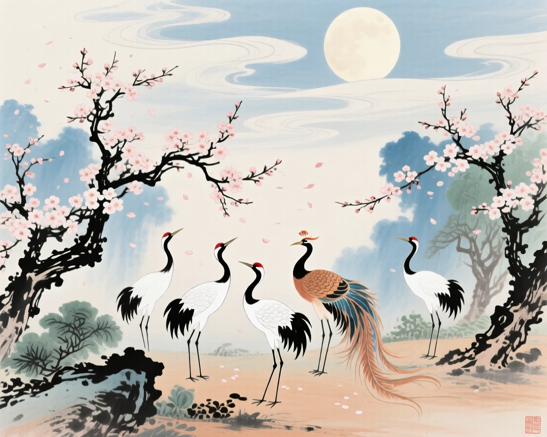 A heavenly garden where cranes and phoenixes gather beneath blossoming trees, touched with gentle melancholy, under a sky streaked with clouds, under a full moon.