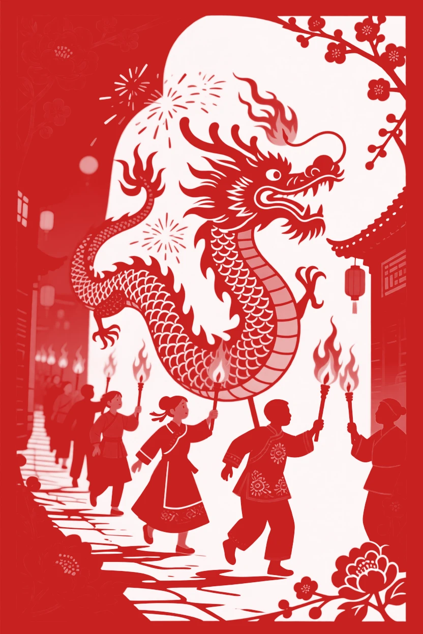 Villagers parading an enormous paper dragon lantern through a night street lit by torches, sparks of a fire-dragon dance trailing behind the performers' spinning bodies