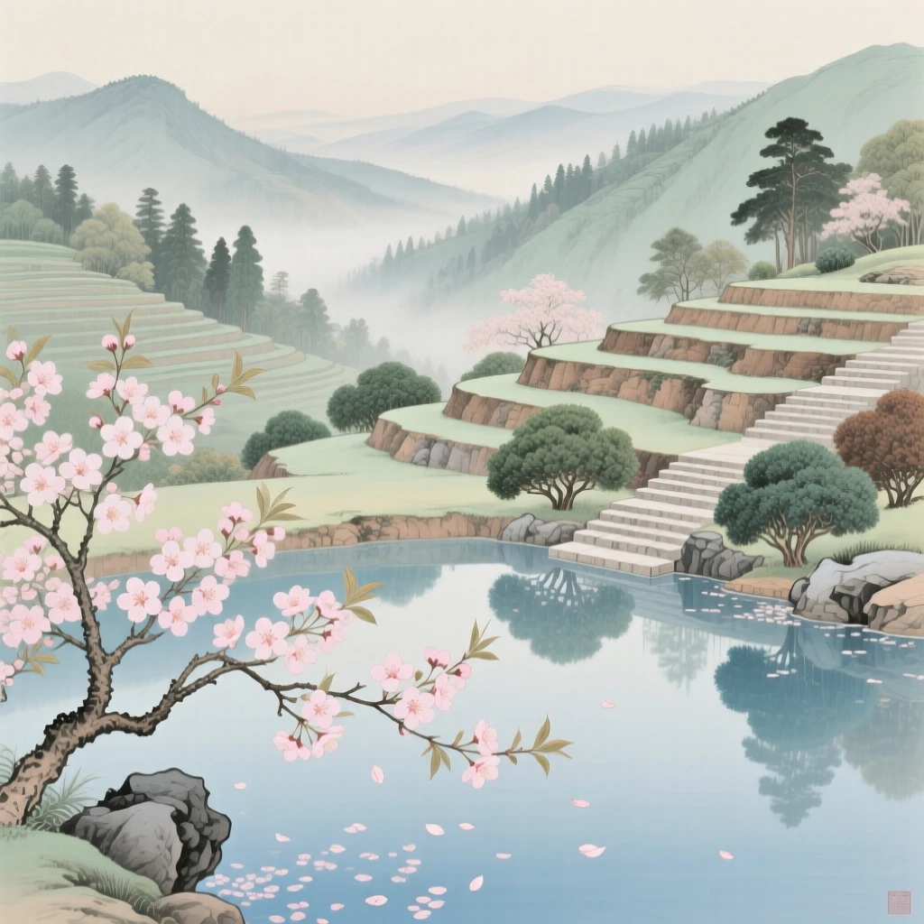 Cherry blossoms drifting onto a still pond in a terraced garden overlooking a valley