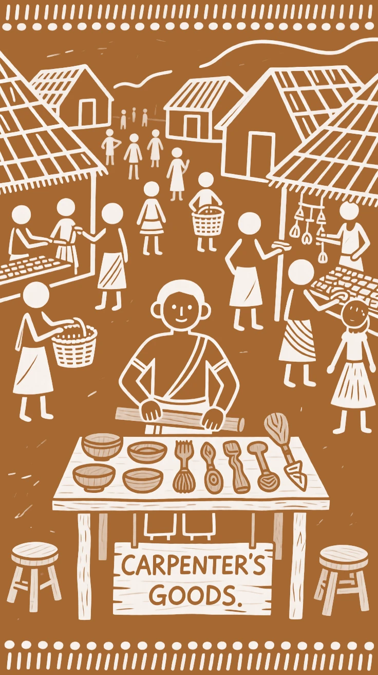 A carpenter selling goods at a bustling village market.