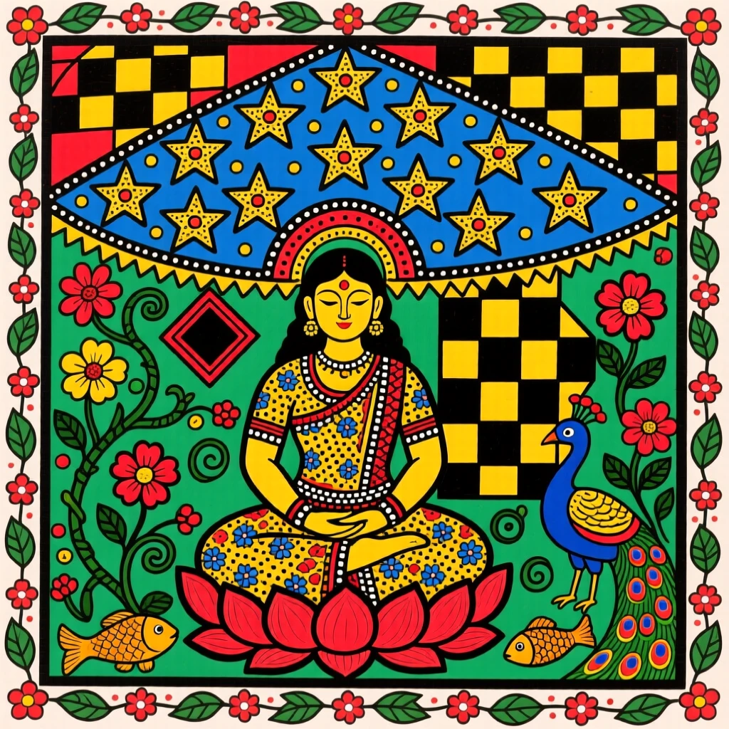 A figure seated in lotus position beneath a canopy of stars.
