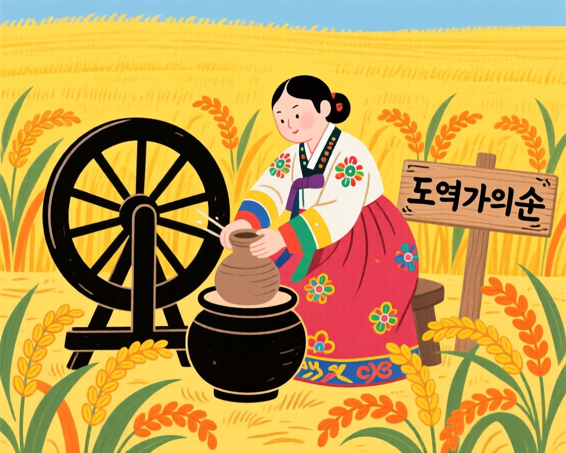 A potter shaping clay at a spinning wheel in a golden rice field.