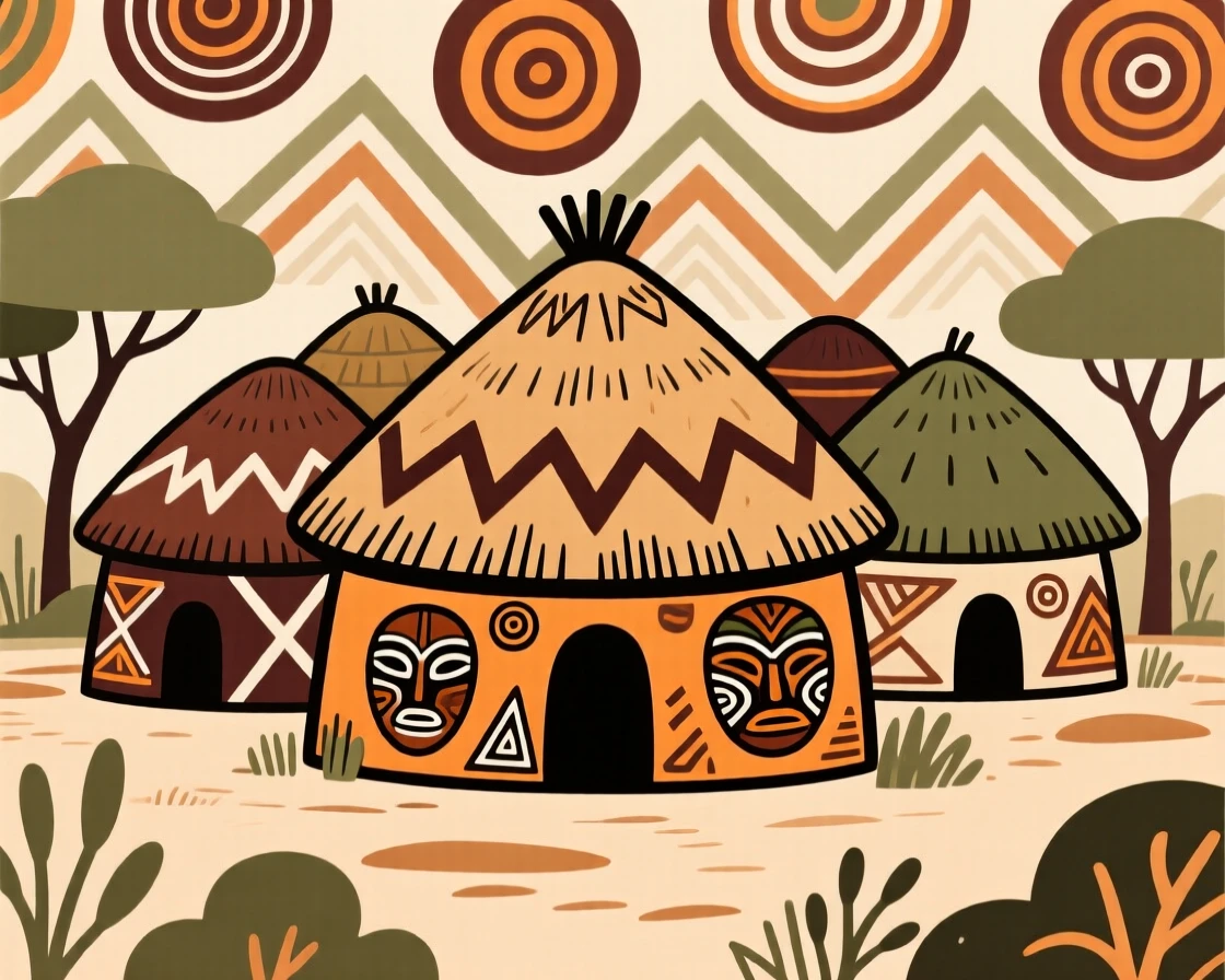 A rural homestead with round thatched-roof huts.