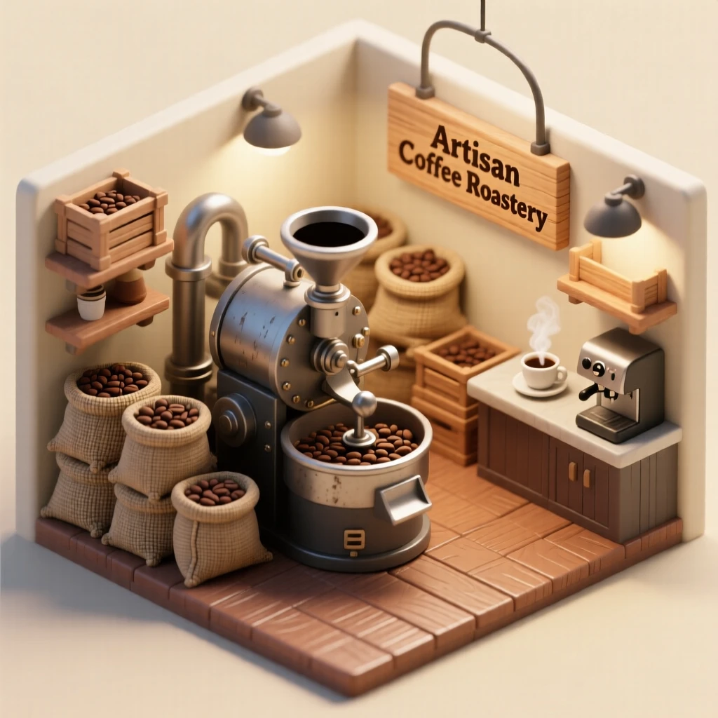 A cozy coffee roastery with burlap sacks of beans stacked high, a roasting machine humming, and the rich aroma almost visible in the air.