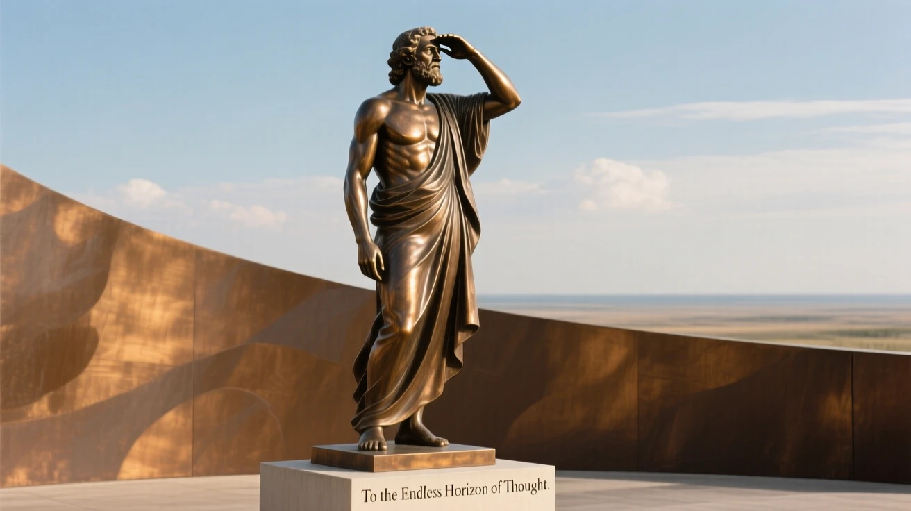 A poet gazing at the horizon, set against a vast, open sky, forming a strong central focal point