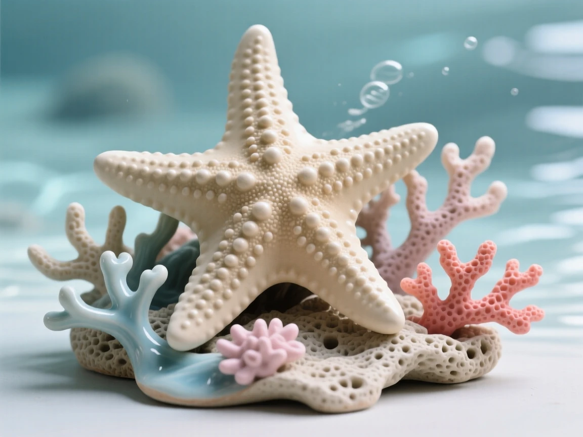 A starfish resting on a bed of coral curled gracefully around swaying coral, trailing a faint wake through the water, conveying calm, fluid tranquility.