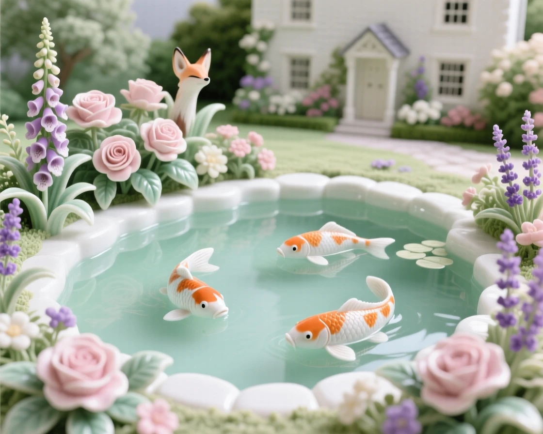 A sprawling English cottage garden in full bloom, centered around a tranquil koi pond.
