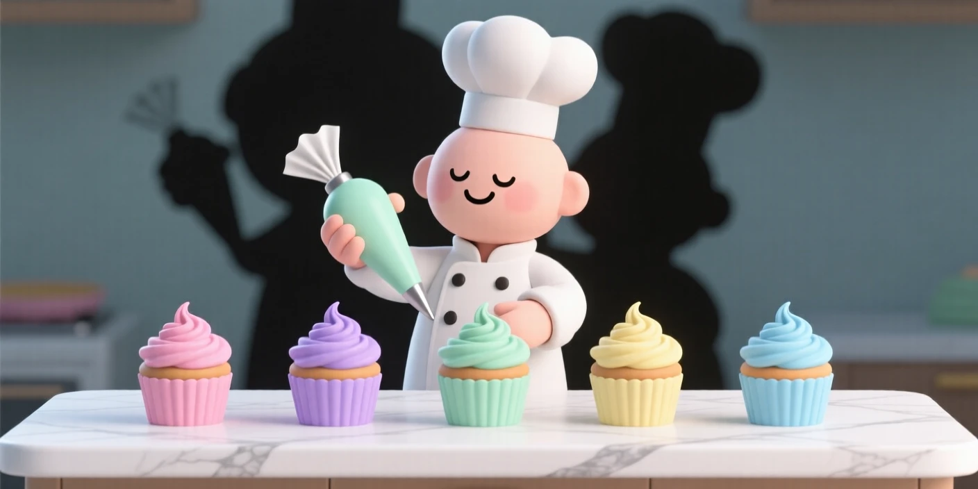 A cheerful pastry chef pipes delicate frosting swirls onto a row of colorful cupcakes lined up on a marble counter.