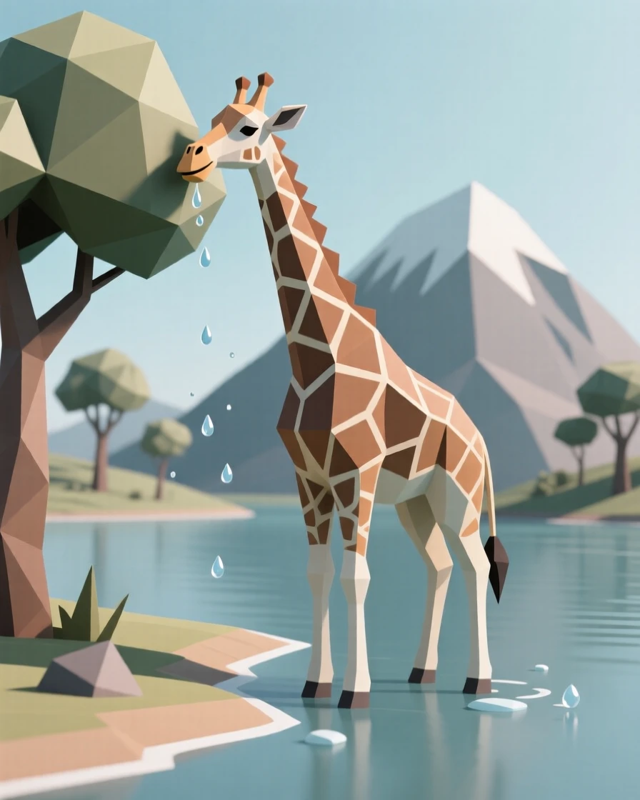 A giraffe reaching into the treetops, beside a crystal-clear mountain lake. water droplets and fine textures catch the light. The atmosphere is wild and untamed.