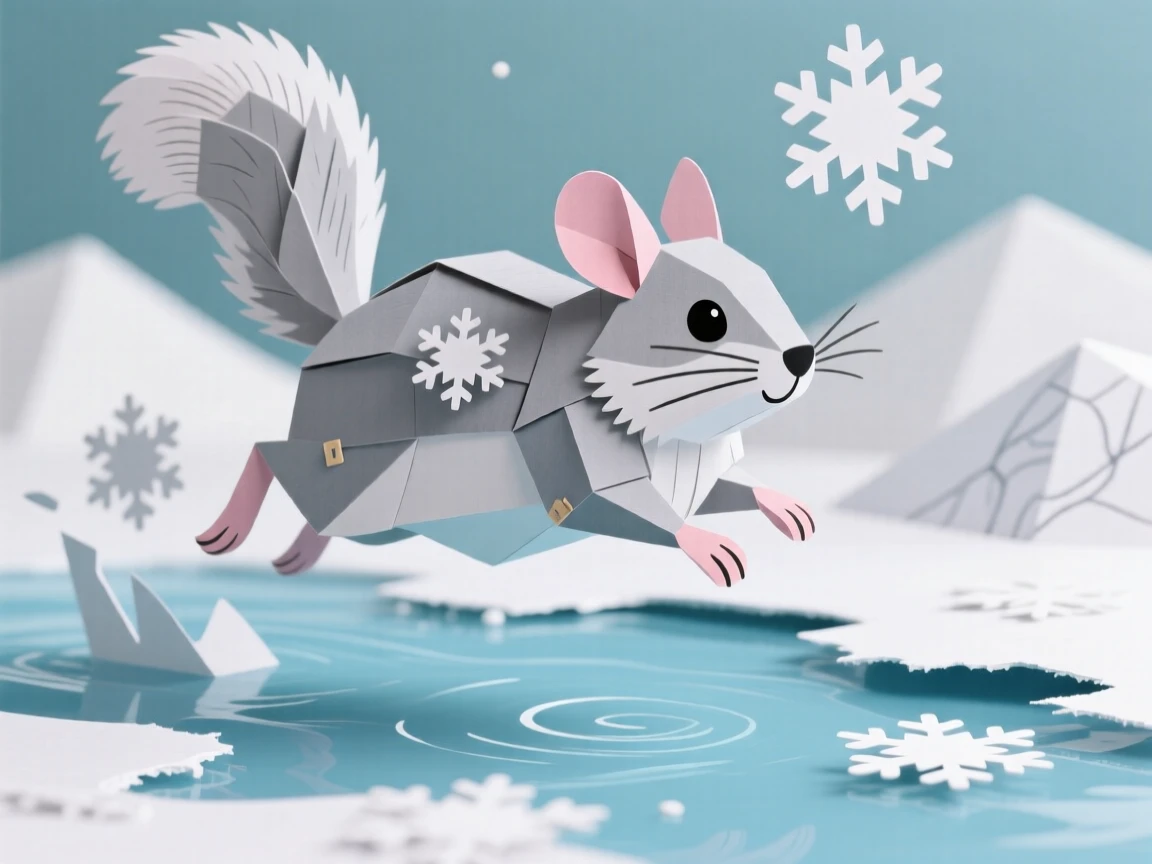 A fluffy chinchilla leaping through shallow water, with fresh snowflakes settling on its coat, evoking cozy, heartwarming charm.