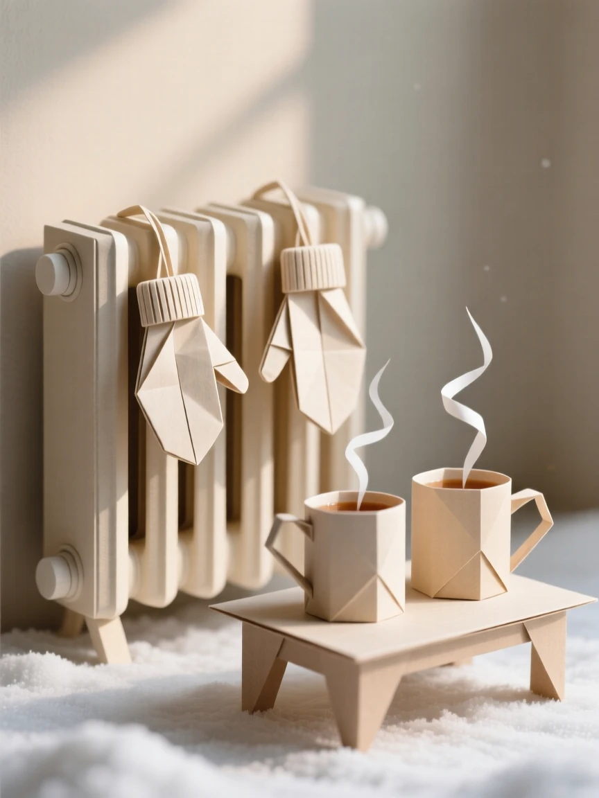 A cozy winter scene with mittens drying on a radiator beside steaming mugs of cider.