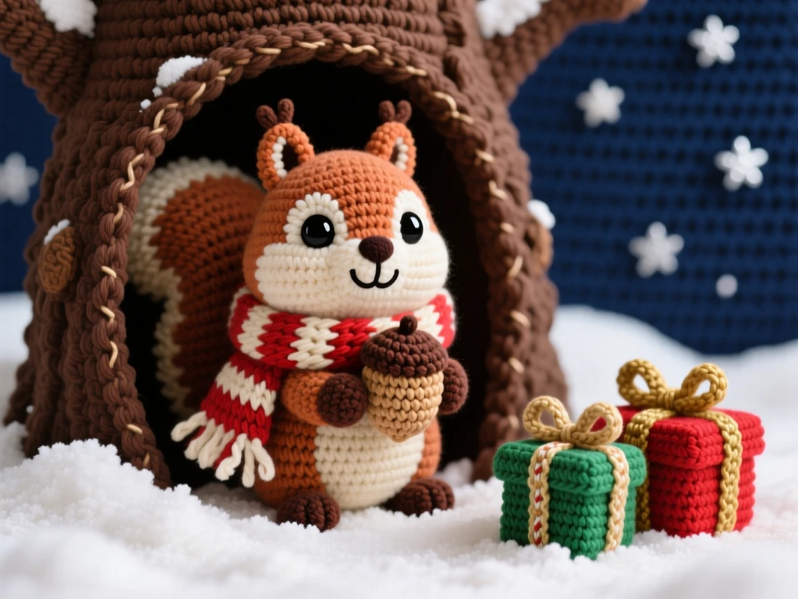a cheerful winter squirrel wrapped in a scarf, peeking from a snowy tree hollow, nibbling on a stored acorn, set in a starry night sky above a quiet neighborhood, with a small pile of wrapped presents, full of the joyful anticipation of a favorite season.