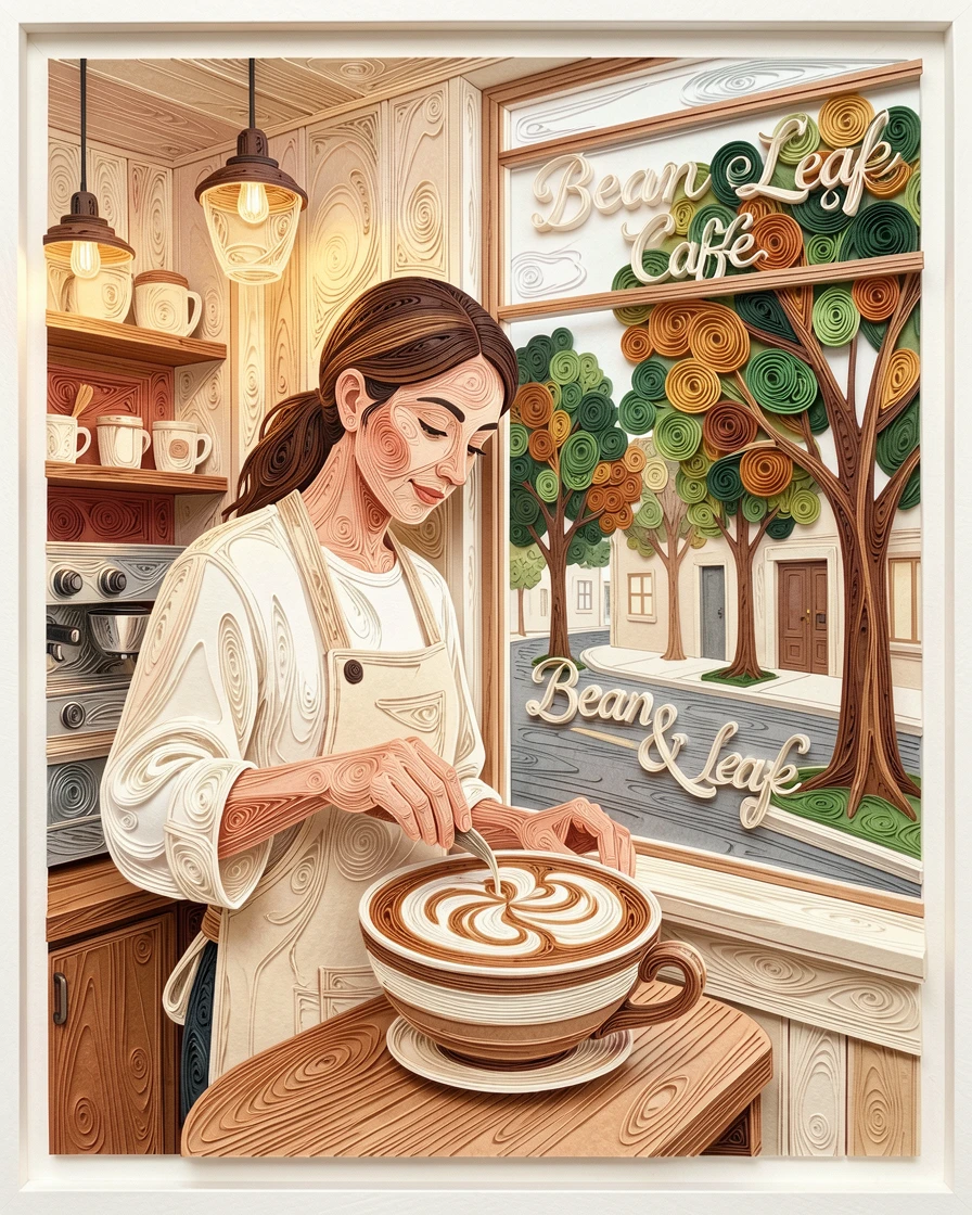 a barista crafting latte art in a cozy café, on a quiet tree-lined city street, composed with a fresh, airy, minimalist aesthetic, in warm neutral tones of beige and terracotta.