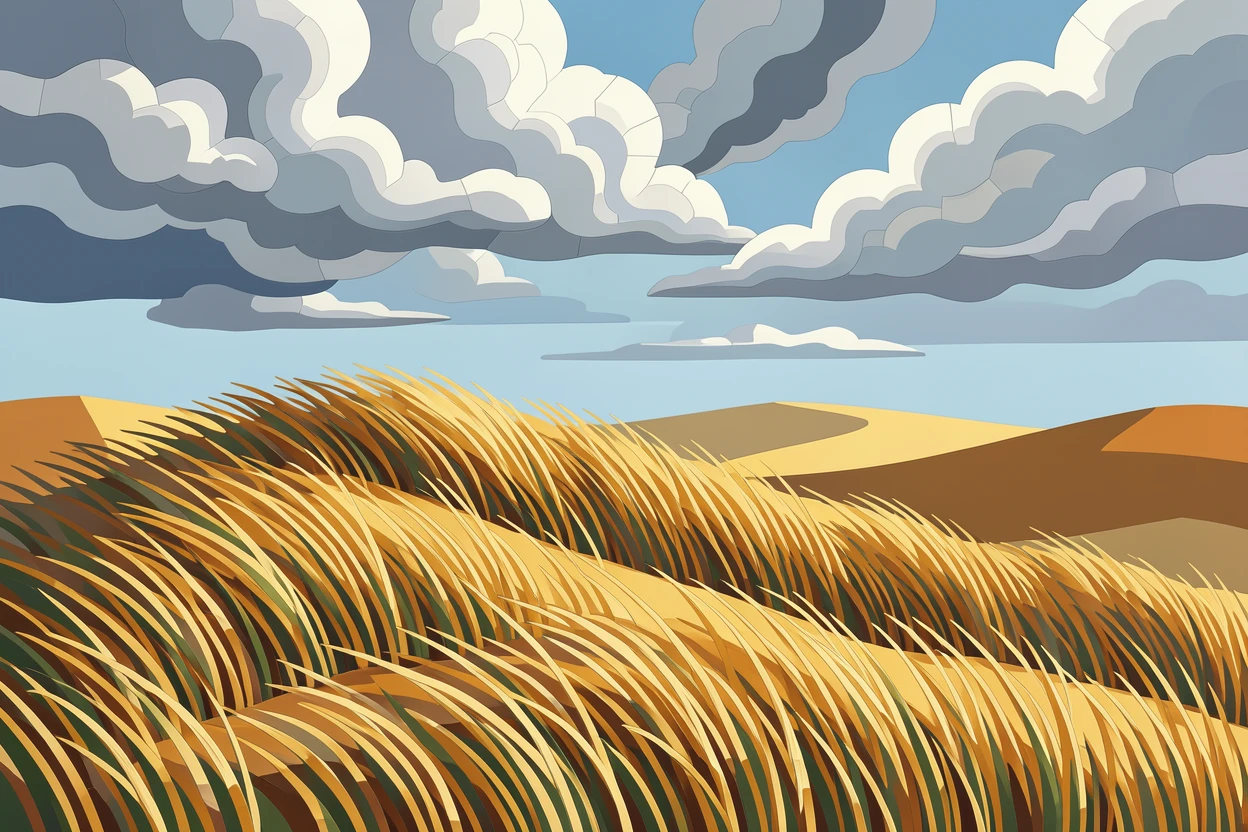 A wide panoramic view of a windswept coastal dune covered in tall golden grass, with dramatic clouds and rich natural color.