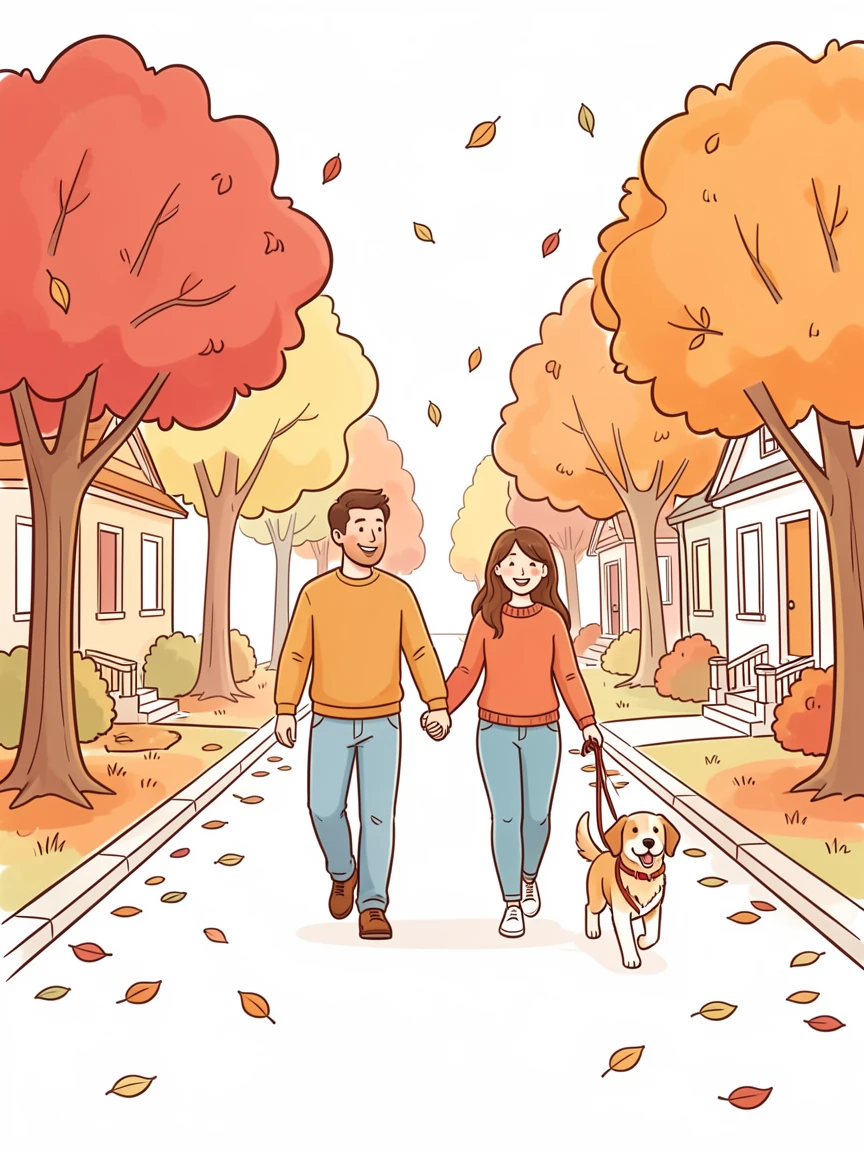 A family walking a dog together along a autumn-lined neighborhood street.