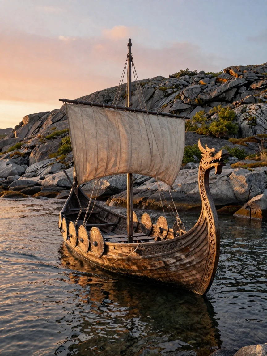 A Viking longship approaching a rocky Nordic shore