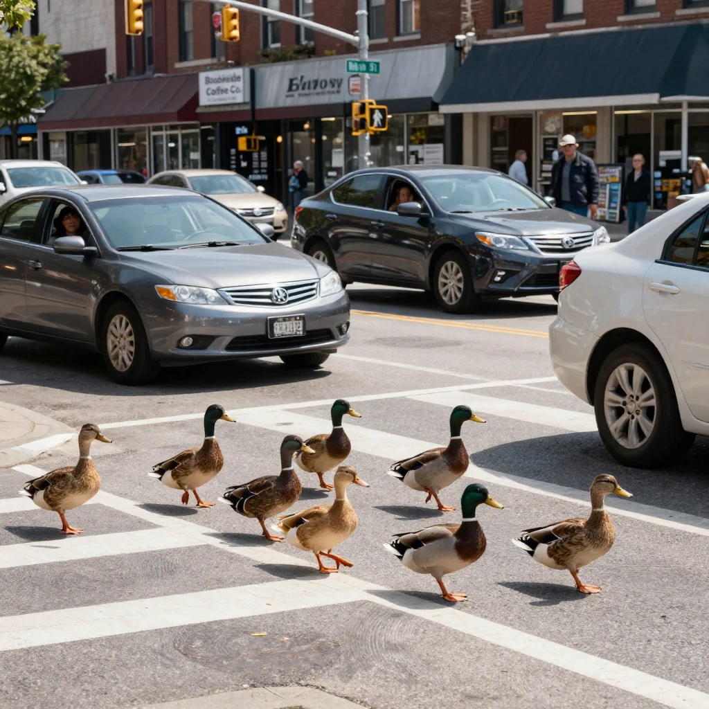 A group of ducks blocks an entire intersection, waddling across at their own pace.