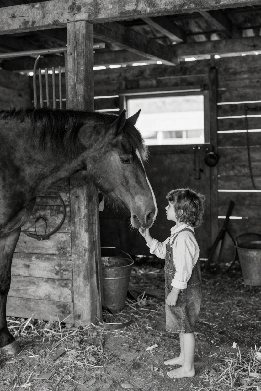 A horse nuzzles a child's outstretched hand at a rustic countryside stable.