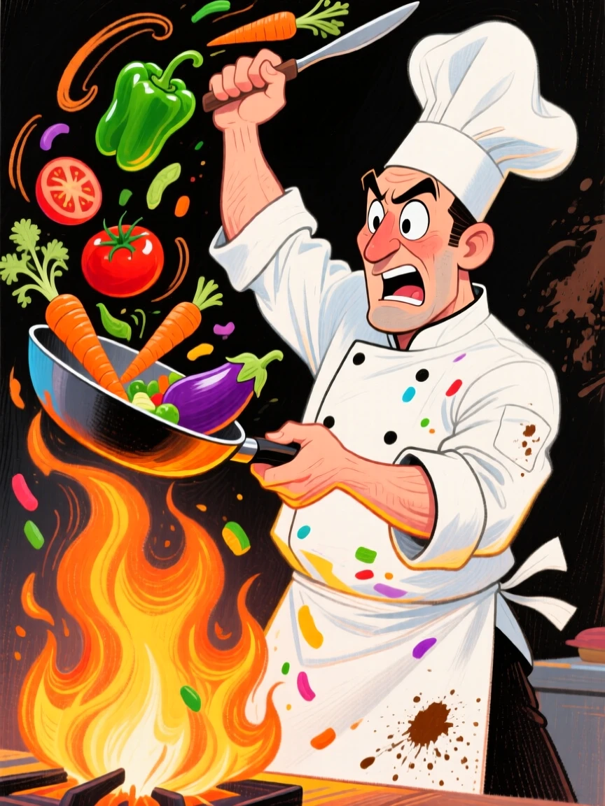 A chef flipping a pan of vegetables mid-air over an open flame, focused and intense.
