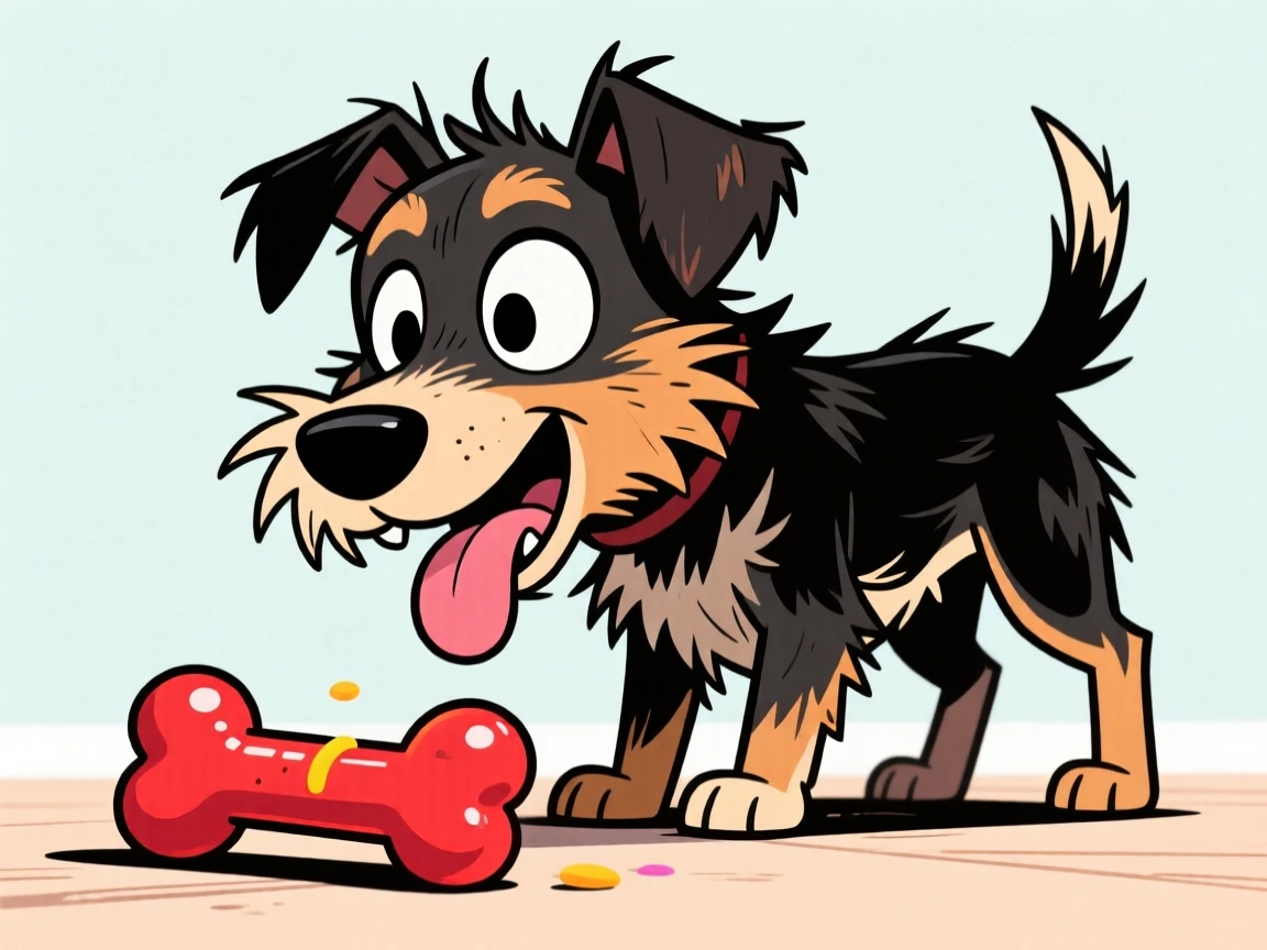 A playful pet moment featuring a scrappy terrier mix tilting its head at a squeaky toy, with its tongue lolling out sideways.