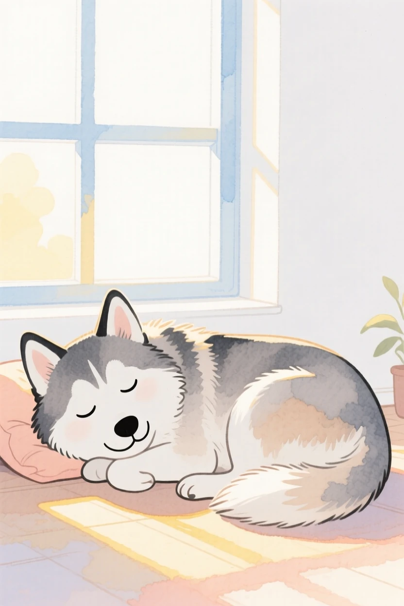 A majestic husky napping in a sunbeam by a window